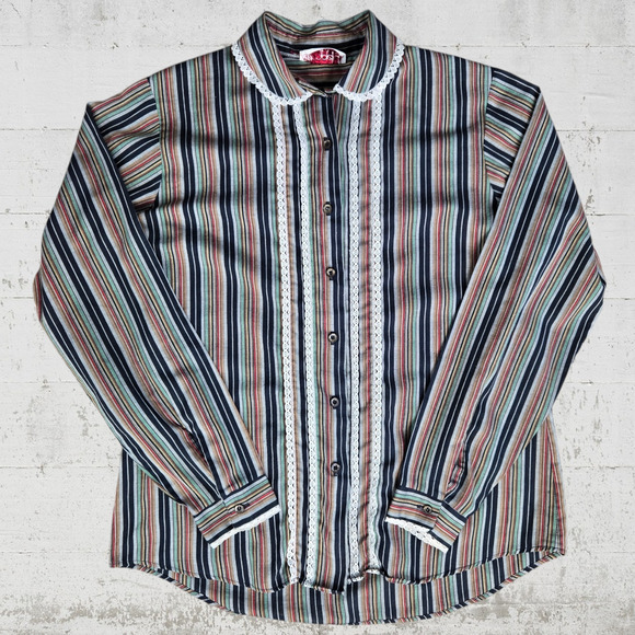 80s Vintage Retro Striped Lace Trim Pleated Collared Button Down Blouse Size 12 - Picture 1 of 10